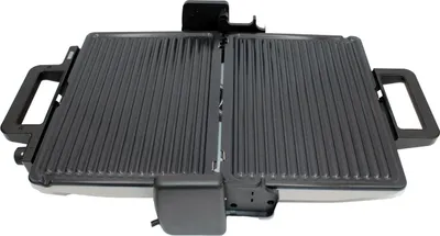 A top-down view of an open electric grill.