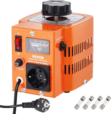 Produktbild von Automatyczna przetwornica napięcia VEVOR 500VA ze zmiennym napięciem, 1,7 A, wejście 230 V, wyjście 0-300 V, zasilacz z regulatorem napięcia AC, z 4 dodatkowymi bezpiecznikami, wyłącznik termiczny do domu, przemysłu, biura,