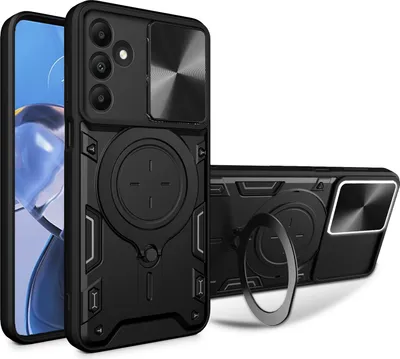Produktbild von Handyhülle für Samsung Galaxy A15 Dual-Layer Stoßfest Rüstung Hülle mit Dia Kameraschutz und Kreisförmig Ring Ständer Schwarz