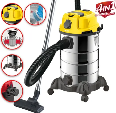 A studio shot of a wet and dry vacuum cleaner with several inset images highlighting its features.