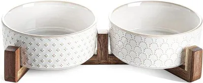 Produktbild von Famanu Keramik-Hundenapf-Set mit Akazienholzständer - 3 Schalen für Hunde- und Wassernapf - für kleine und mittelgroße Hunde