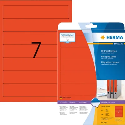 Produktbild von HERMA Ordneretiketten A4 192x38 mm rot Papier matt blickdicht 140 St., Rot, Selbstklebendes Druckeretikett, A4, Papier, Laser/Inkjet, Permanent
