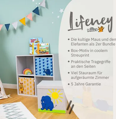Produktbild von Lifeney meets "Die Maus" 2x Aufbewahrungsbox mit Motiv-Muster Boxen im 2er Set mit der kultigen Maus und dem beliebten Elefanten 30 x 30 x 30 cm passend für klassische Würfelregale