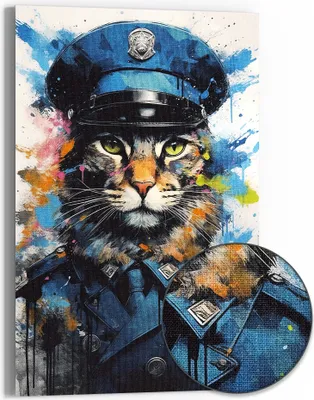 Produktbild von DEQOART Hybrid Leinwand Bild 60x90 cm 'Katzenkommissar' Wandbild Glas flach modern