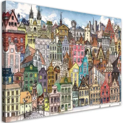 Produktbild von Leinwandbild fröhliche stadt 120x80 cm Feeby farbe wandbild bereit zum aufhängen