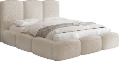 Obrázek produktu pro Čalouněná postel 200x200 s roštovým rámem - Krémová postel s vysokým čelem, bucle nebo sametová látka - Moderní manželská postel s úložným prostorem - Rám postele, bez matrace - Harmony - Béžová barva