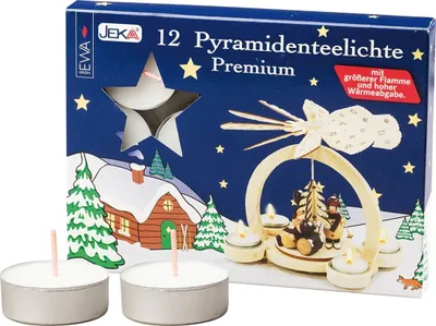 A product box for 12 premium pyramid tea lights, featuring a winter scene with a house and trees, and a depiction of a Christmas pyramid.