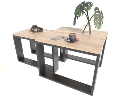Produktbild von Couchtisch mit Loft, Beistelltisch Holztisch für Wohnzimmer, Sofatisch klein Holz, Wohnzimmertisch, Sonoma - Schwarz zwei Tiscch