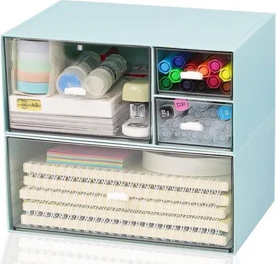 Immagine prodotto di Scatola blu portaoggetti da scrivania con cassetto, impilabile, grande