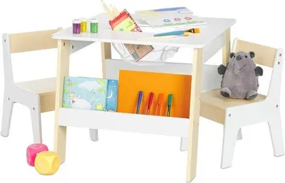 Image de Bureau avec siège et étagères de rangement - Table à dessin pour enfants avec 2 chaises de travail - Blanc/finition poudrée à la craie.