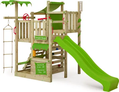 Image de FATMOOSE Tour à grimper CrazyCoconut avec toboggan, jeu de jardin avec échelle & accessoires de jeu - vert pomme