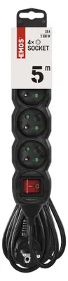 Prodlužovací kabel 5 m / 4 zásuvky / s vypínačem / černý / PVC / 1 mm2