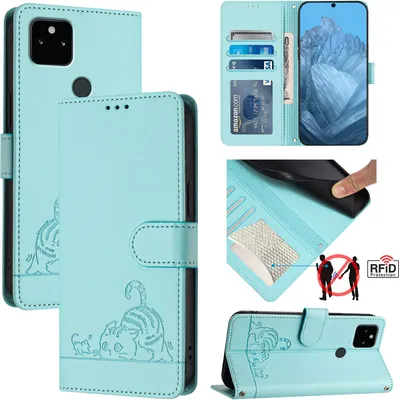 Produktbild von Leder Hülle für Google Pixel 5A Süße Katze Flip Case Brieftasche Schutzhülle mit Standfunktion hellgrün