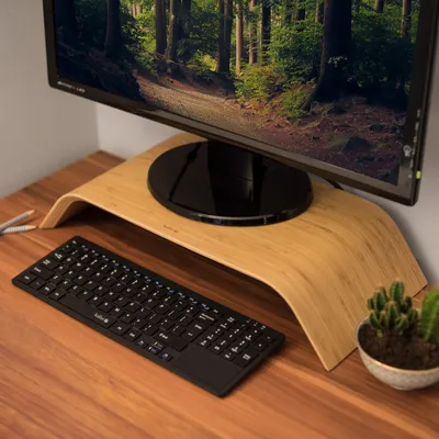 Produktbild von kalibri Bildschirm Holzständer TV Ständer - Computer Tisch Schreibtisch Aufsatz Monitorständer Bank - Schreibtischaufsatz aus Bambus in Hellbraun