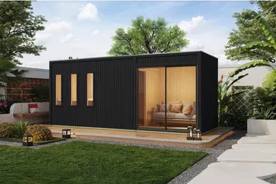 Produktbild von Saunahaus Außensauna Karibu Lonterey inkl.9 kW  Ofen und externer Steuerung mit Ganzglastüre aus Klarglas schwarz