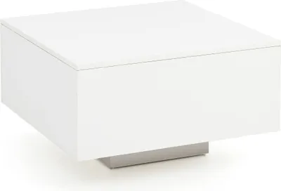 A white square coffee table with a metal base against a white background.