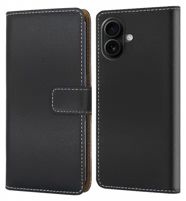 A black flip-style phone case shown from the front and back.
