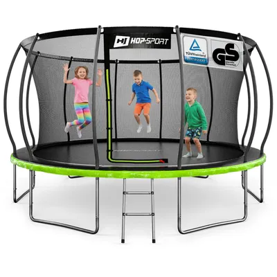 Produktbild von Hop-Sport Trampolin Outdoor - Ø 427 - Trampolin mit innenliegenden Sicherheitsnetz, gebogenen Netzstangen und Sicherheitszertifikaten - Komplettset