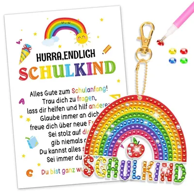 Produktbild von Bastelset Einschulung Regenbogen Diamant Painting Schlüsselanhänger Set mit Grußkarte