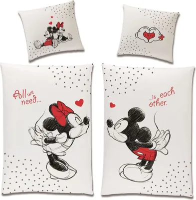 Produktbild von Partner-Bettwäsche Set Disney Classic Mickey und Minnie Mouse in Love Größe 135 x 200cm 80 x 80cm 100% Baumwolle Weiss Rot Wende-Bettwäsche (4-TLG)