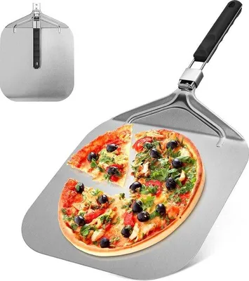Produktbild von Pizzaschneidemaschine aus Edelstahl - für Pizzastein - Pizzaspatel für Grill oder Ofen - klappbarer Griff - professionelles Heimgebrauch