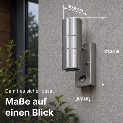 Produktbild von Außenwandleuchte mit Bewegungsmelder Silber, 2-flammig, Up & Down, ARTE LAMP Mistero, GU10 bis 7 W je Fassung, IP44, 11 x 7 x 21 cm, A3322AL-2SS