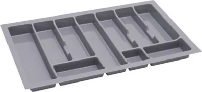 A gray plastic cutlery organizer with multiple compartments.