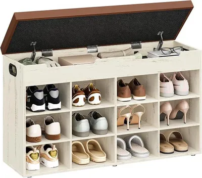 Imagen del producto de Zapatero con asiento, 12 compartimentos, color marrón vintage y blanco