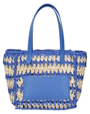 Imagen del producto de Bolsa trenzada, color y beige, con asas de cuero reciclado, 32x21 cm