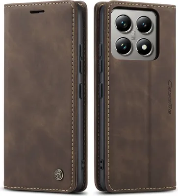 A brown leather flip case for a smartphone is shown from two angles.