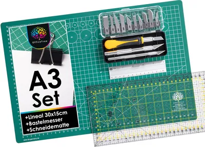 Produktbild von OfficeTree Schneidematte Grün A3 + Schneiderlineal 30x15 + Bastelmesser