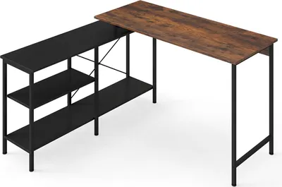 Image de Bureau réversible en forme de L avec étagères, marron rustique