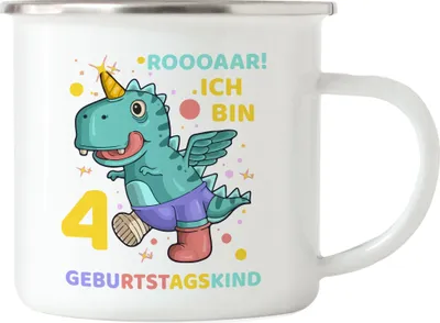 Produktbild von Roooaarr Ich Bin 4 Emaille Tasse Dinosaurier Dino T-Rex Geburtstag Kindergeburtstag