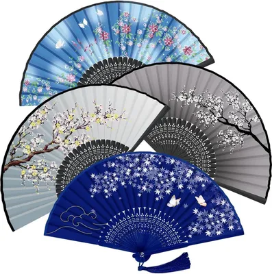 Produktbild von WEARXI Handfächer aus Bambus und Seidenstoff - 4er Set Blau