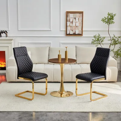 Productafbeelding van Tafel- en stoelset, ronde tafel 60 cm, MDF, houtlook, 2 stoelen met ruitpatroon (zwart+goud, notenhout)
