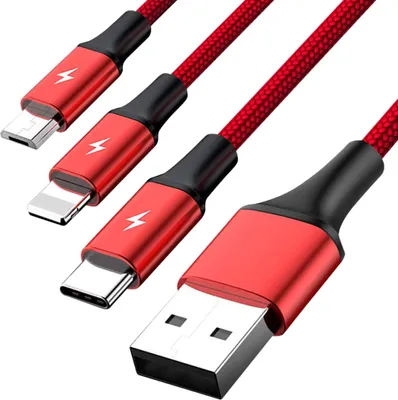 Three charging cables with different connectors are arranged diagonally on a white background.