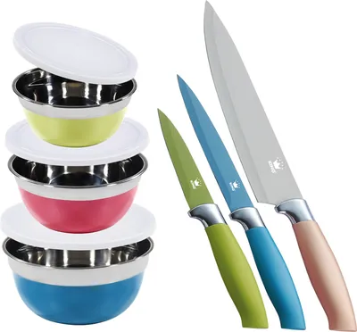 Produktbild von Vorteilsset: 3tlg. KING® Schüsselset AROMI Ø14cm, Ø16cm, Ø18cm  + 3tlg. Messerset KING® METALLIC DESIGN Kochmesser 20cm, Universalmesser 12.5cm,  Gemüsemesser 8.5cm