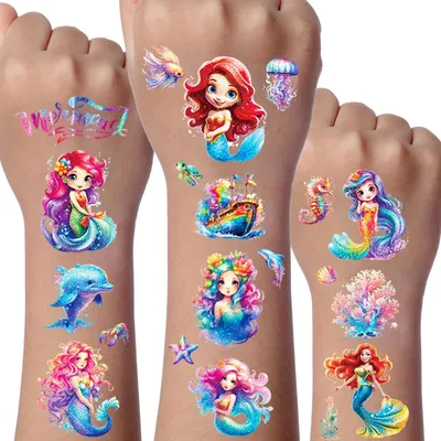 Produktbild von Temporäre Meerjungfrau Glitzertattoos, 12 Blätter, wasserdicht, für Kinder
