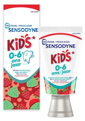 Produktbild von Sensodyne Proglasur Kids Zahnpasta mit Erdbeergeschmack für Kinder von 0 bis 6 Jahren (50 ml)
