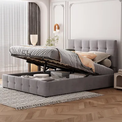 Obrázok produktu pre Postel s čalúneným rámom, rozmer 140 x 200 cm, dvojlôžko s hydraulicky výťahovacím úložným priestorom, nastaviteľná čalúnená opierka hlavy, kovový rošt