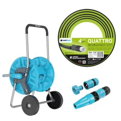 Immagine prodotto di Carrello per tubo Cellfast Aluplus, attacco 1/2", capacità 60 metri + Tubo da giardino Cellfast Quattro, attacco 1/2", lunghezza 15 metri + Set con pistola a spruzzo Cellfast Basic, attacco 1/2"