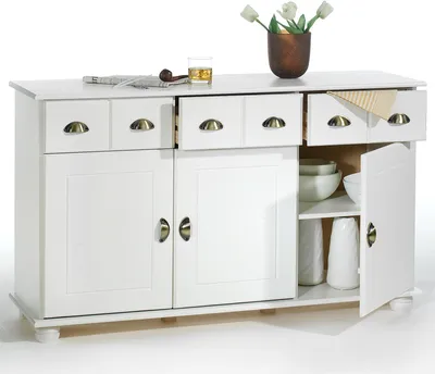 Produktbild von Apothekerkommode COLMAR, Weiß - Sideboard mit 3 Schubladen und 3 Türen, im Landhausstil, Kiefer Massivholz, Muschelgriffe aus Metall, ideal für Flur, Schlafzimmer oder Wohnzimmer