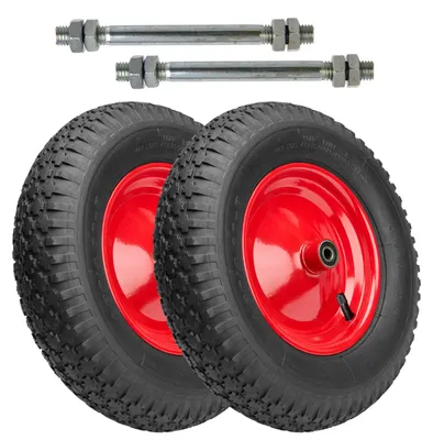 Image de Garronda Lot de 2 roues de rechange pour brouette 4.80/4.00-8 Roue de brouette Ø 390 mm Pneu 2PR Pneu jusqu'à 210 kg avec essieu Jante en acier Roulement à billes pour chariot de jardin, cour, chantier GD-0163, noir-rouge