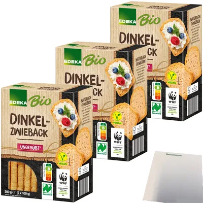Produktbild von Edeka  Dinkel-Zwieback ungesüßt mit 93% Dinkelmehl gebacken 3er Pack (3x200g Packung) + usy Block