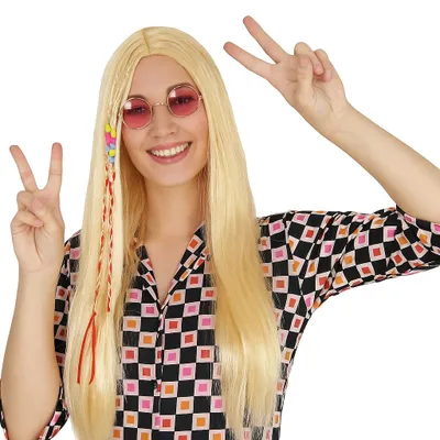 Produktbild von Blonde Hippie Perücke mit Zöpfen und bunten Perlen – 70er Jahre Accessoire für Damen
