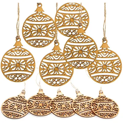 Produktbild von 10 filigrane Weihnachtskugeln aus Holz 9 cm - Flache Holzanhänger