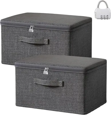 Produktbild von PolkaHome® 2er Set Aufbewahrungsboxen mit Deckel, faltbare Stoffboxen mit Reißverschluss und Zahlenschloss, Kleiderbox mit verstärkten