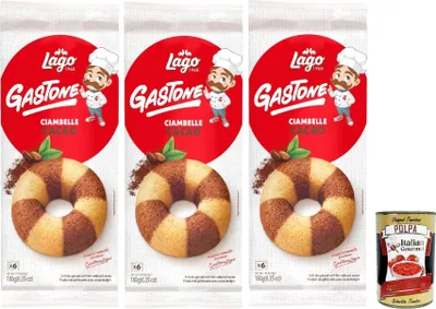 Produktbild von Lago 1968, Le Merende di Ciambelle al Cacao 3x 180g, Kakao-Donuts, Einzeln verpackte, weiche Snacks, ohne Palmöl + Italian Gourmet polpa 400g