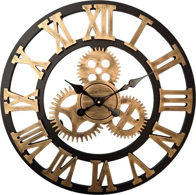 A close-up view of a large, decorative wall clock with Roman numerals and visible gears.