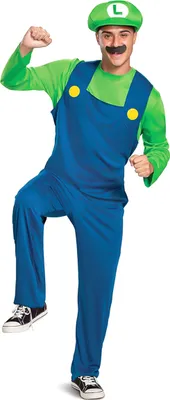 A man dressed as Luigi from Super Mario Brothers poses for a product photo.